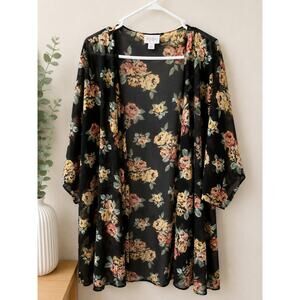 LuLaRoe Floral Sheer Duster Cardigan Black Large